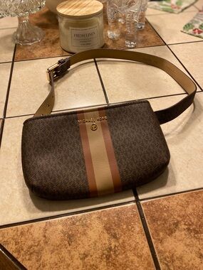 Michael Kors Brown and Tan Striped Logo Belt Bag